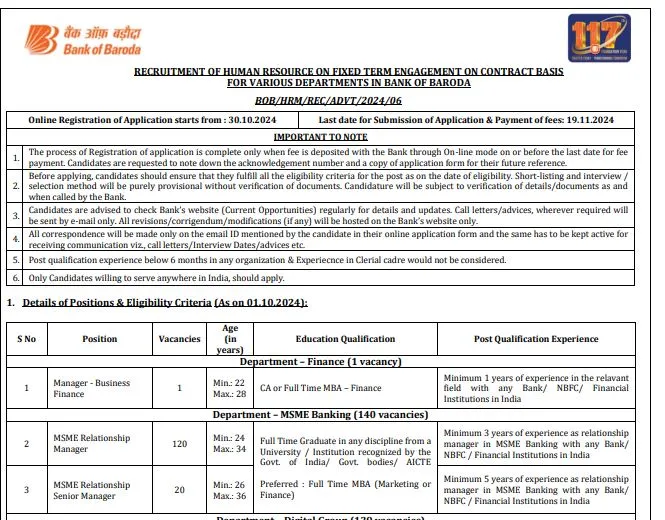 Bank of Baroda BOB Vacancy 2024 New Notification Out for 592 Vacancies, Apply Online Now