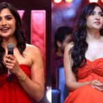 ‘Toxic’ actress Rukmini Vasanth brings sunshine to Chennai in orange strapless maxi dress