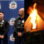 Four Virginia police officers crawled through a smoke-filled house to pull an unconscious man from a burning bedroom; three needed hospital treatment, and all four have received bravery awards